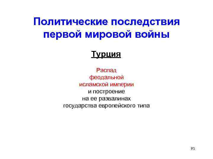 Политические последствия первой мировой войны Турция Распад феодальной исламской империи и построение на ее