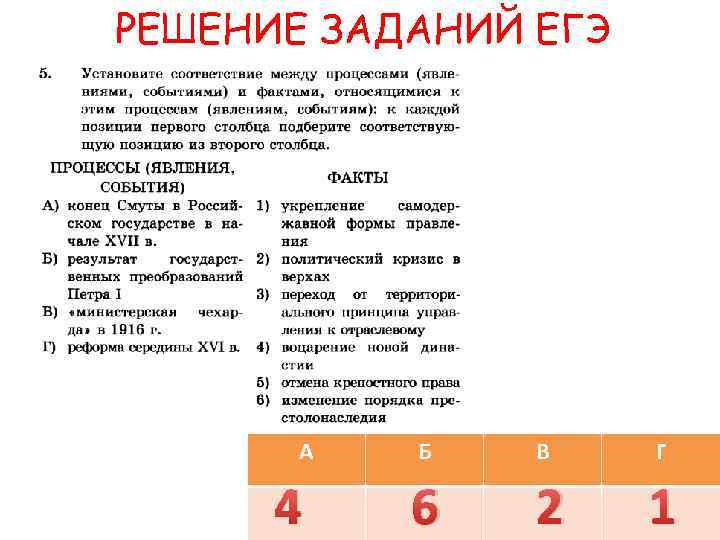 РЕШЕНИЕ ЗАДАНИЙ ЕГЭ А 4 Б В Г 6 2 1 