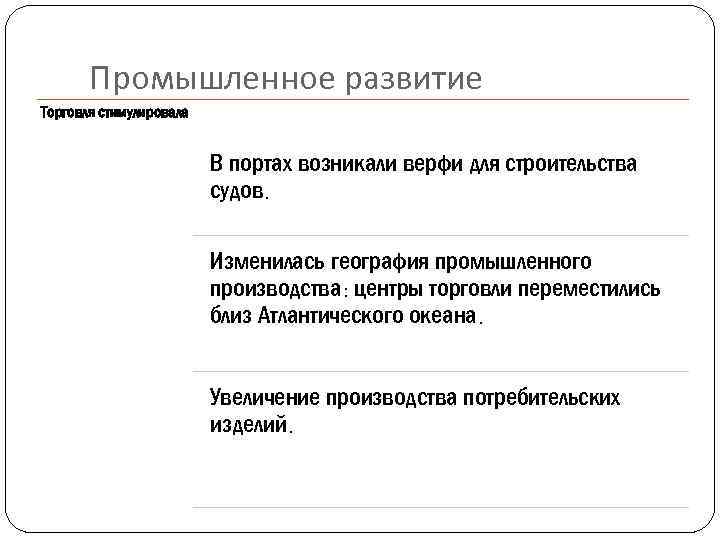 Промышленное развитие Торговля стимулировала В портах возникали верфи для строительства судов. Изменилась география промышленного