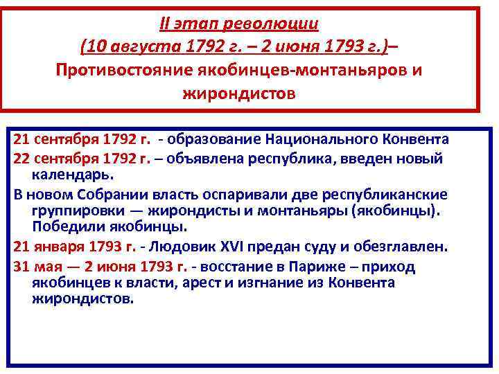 II этап революции (10 августа 1792 г. – 2 июня 1793 г. )– Противостояние
