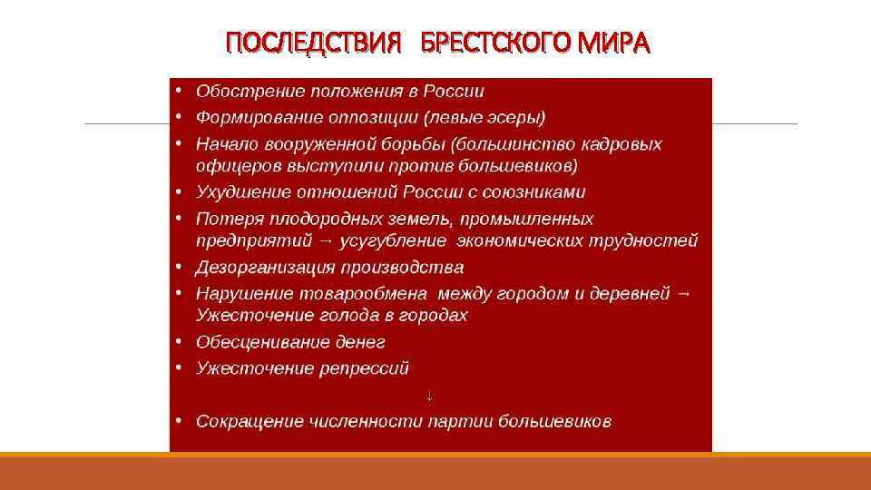 ПОСЛЕДСТВИЯ БРЕСТСКОГО МИРА 