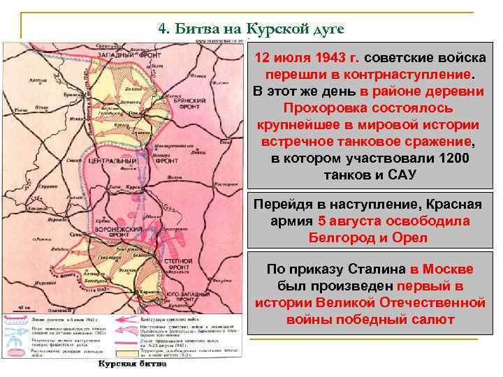 4. Битва на Курской дуге 12 июля 1943 г. советские войска перешли в контрнаступление.