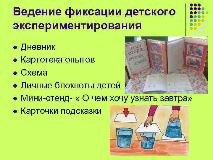 Ведение фиксации детского экспериментирования l l l Дневник Картотека опытов Схема Личные блокноты детей