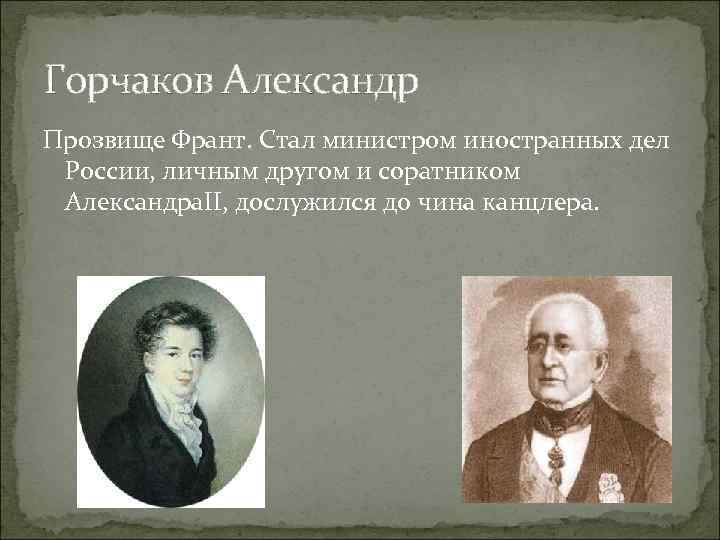 Горчаков Александр Прозвище Франт. Стал министром иностранных дел России, личным другом и соратником Александра.