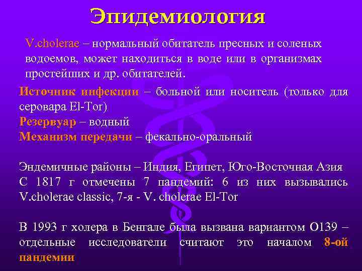 Эпидемиология V. сholerae – нормальный обитатель пресных и соленых водоемов, может находиться в воде