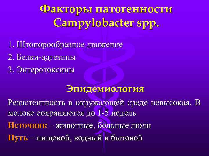 Факторы патогенности Campylobacter spp. 1. Штопорообразное движение 2. Белки-адгезины 3. Энтеротоксины Эпидемиология Резистентность в