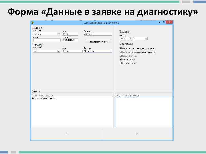 Форма «Данные в заявке на диагностику» 