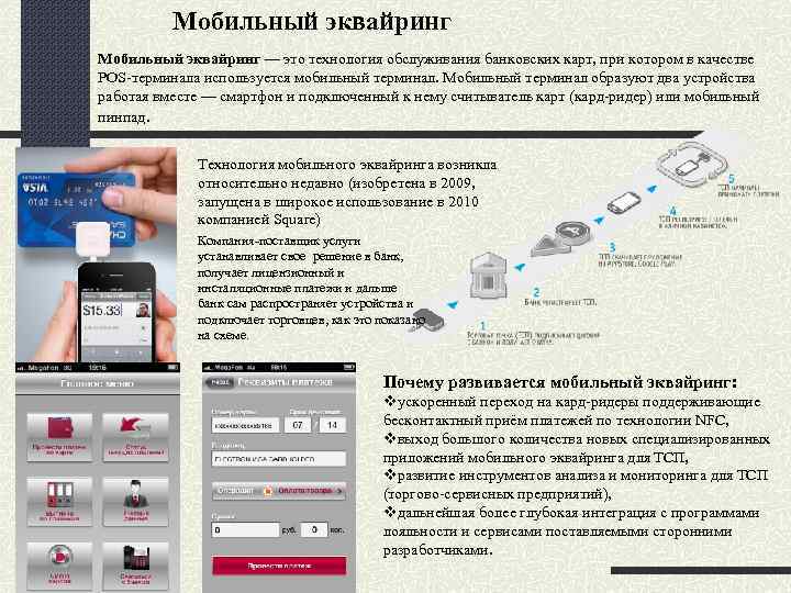 Мобильный эквайринг — это технология обслуживания банковских карт, при котором в качестве POS-терминала используется