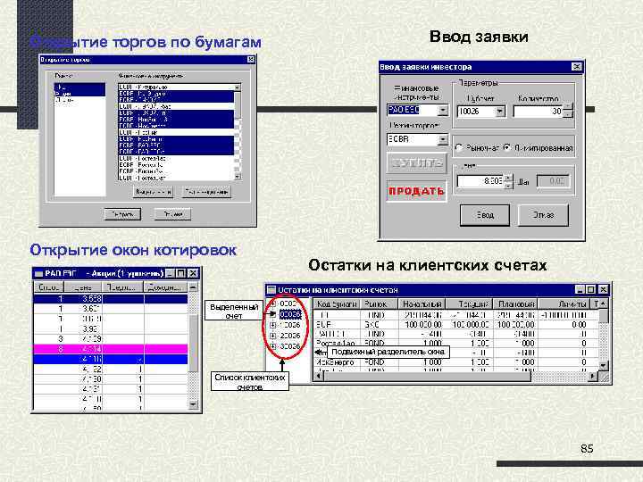 Открытие торгов по бумагам Открытие окон котировок Ввод заявки Остатки на клиентских счетах Выделенный