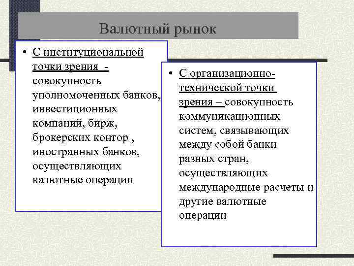 Валютный рынок • С институциональной точки зрения - • С организационносовокупность технической точки уполномоченных