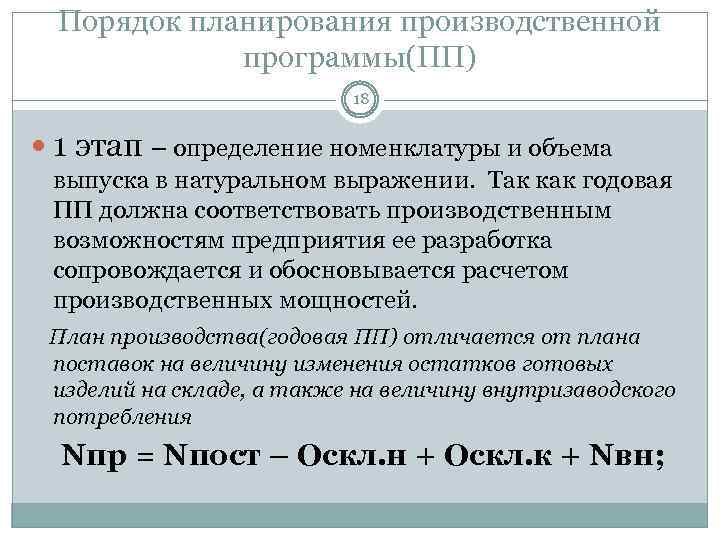 Порядок планирования производственной программы(ПП) 18 1 этап – определение номенклатуры и объема выпуска в