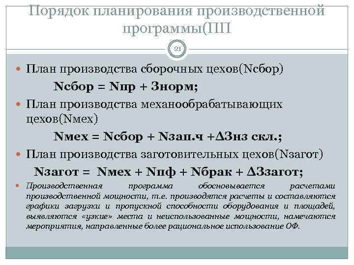 Порядок планирования производственной программы(ПП 21 План производства сборочных цехов(Nсбор) Nсбор = Nпр + Знорм;