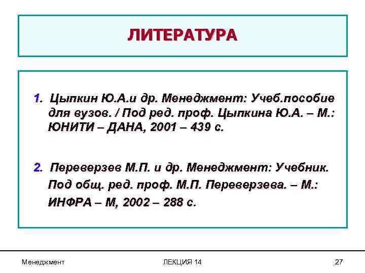 ЛИТЕРАТУРА 1. Цыпкин Ю. А. и др. Менеджмент: Учеб. пособие для вузов. / Под