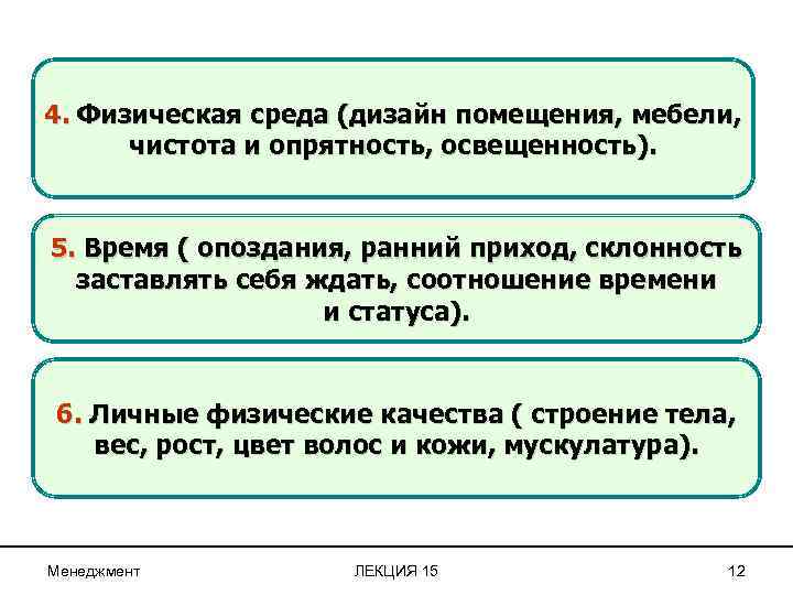 4. Физическая среда (дизайн помещения, мебели, чистота и опрятность, освещенность). 5. Время ( опоздания,