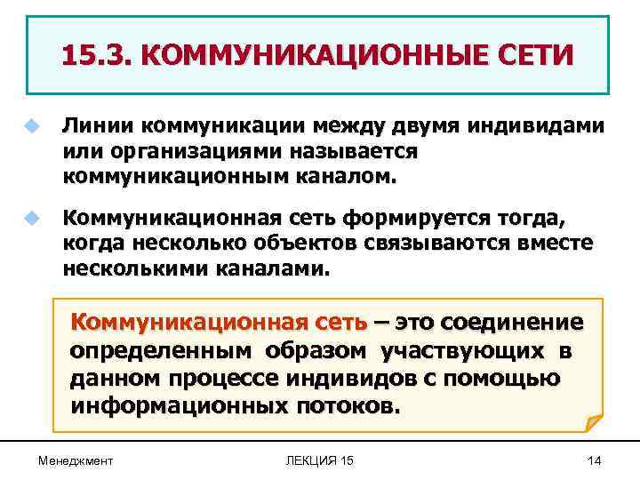 15. 3. КОММУНИКАЦИОННЫЕ СЕТИ u Линии коммуникации между двумя индивидами или организациями называется коммуникационным