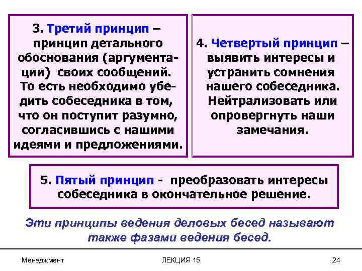 3. Третий принцип – принцип детального обоснования (аргументации) своих сообщений. То есть необходимо убедить