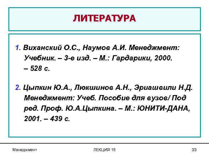 ЛИТЕРАТУРА 1. Виханский О. С. , Наумов А. И. Менеджмент: Учебник. – 3 -е