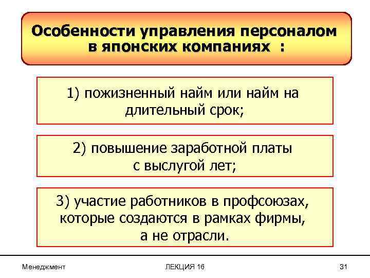 Особенности управления персоналом в японских компаниях : 1) пожизненный найм или найм на длительный