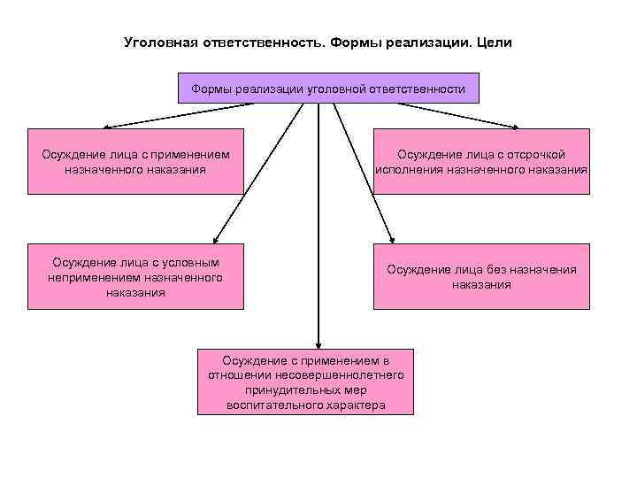 Уголовная ответственность. Формы реализации. Цели Формы реализации уголовной ответственности Осуждение лица с применением назначенного