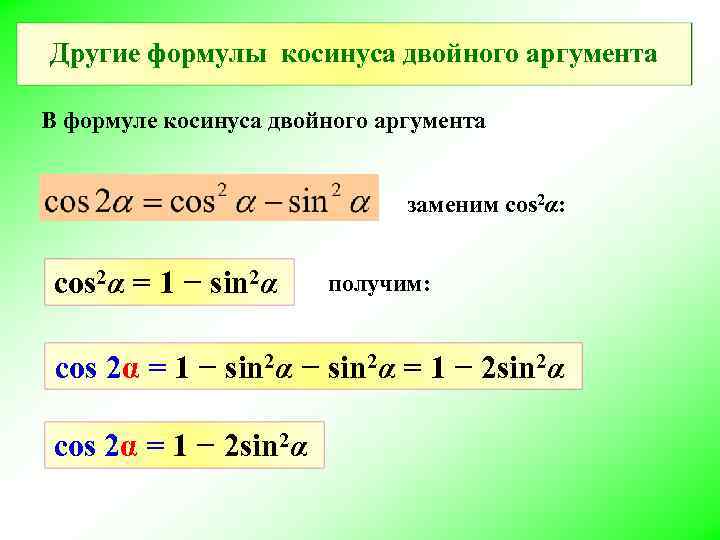 Другие формулы косинуса двойного аргумента В формуле косинуса двойного аргумента заменим cos 2α: cos