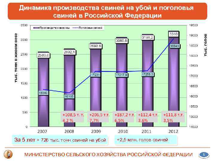 тыс. голов тыс. тонн в живом весе Динамика производства свиней на убой и поголовья