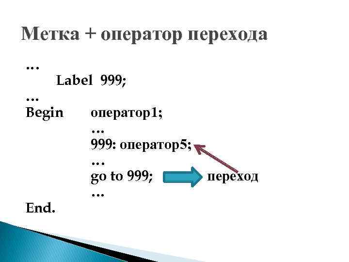 Метка + оператор перехода … Label 999; … Begin End. оператор1; … 999: оператор5;