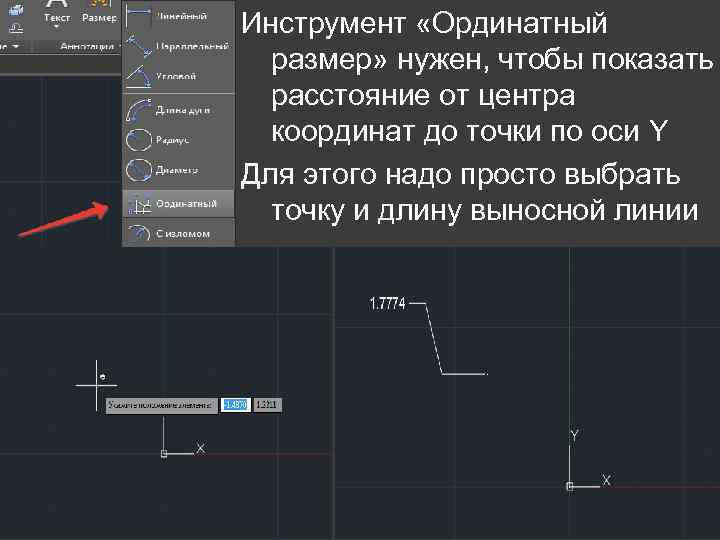 Инструмент «Ординатный размер» нужен, чтобы показать расстояние от центра координат до точки по оси