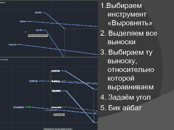 1. Выбираем инструмент «Выровнять» 2. Выделяем все выноски 3. Выбираем ту выноску, относительно которой