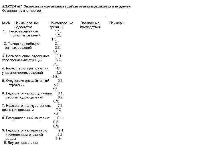 АНКЕТА № 7 Определение недостатков в работе системы управления и их причин Фамилия, имя,