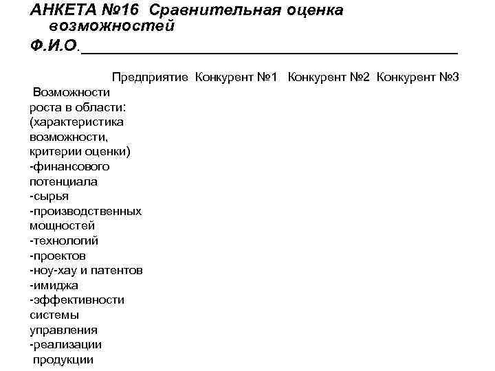 АНКЕТА № 16 Сравнительная оценка возможностей Ф. И. О. _____________________ Предприятие Конкурент № 1