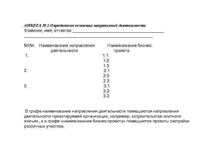 АНКЕТА № 2 Определение основных направлений деятельности Фамилия, имя, отчество _______________________________________________ №№ Наименование направления