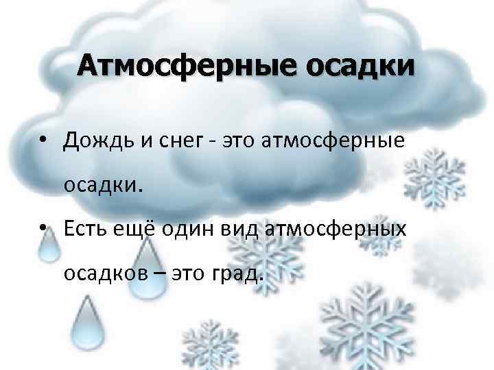 Атмосферные осадки • Дождь и снег - это атмосферные осадки. • Есть ещё один