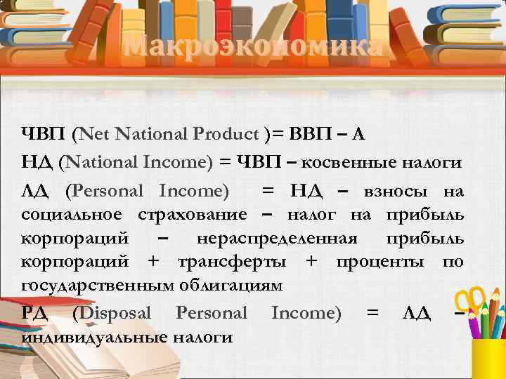 Макроэкономика ЧВП (Net National Product )= ВВП – А НД (National Income) = ЧВП