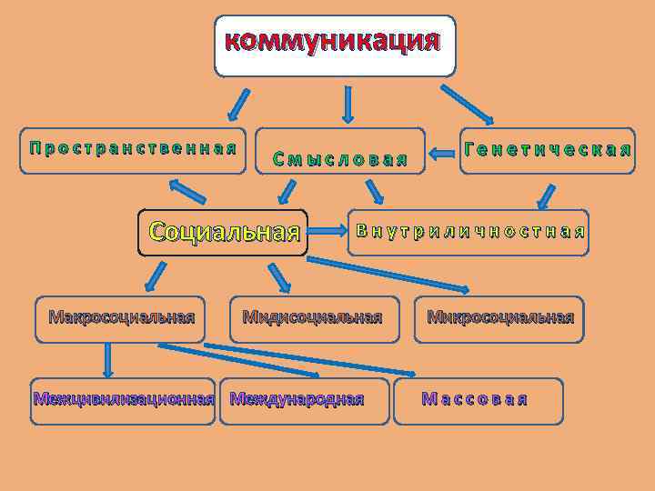 коммуникация Пространственная Смысловая Социальная Макросоциальная Генетическая Внутриличностная Мидисоциальная Межцивилизационная Международная Микросоциальная Массовая 