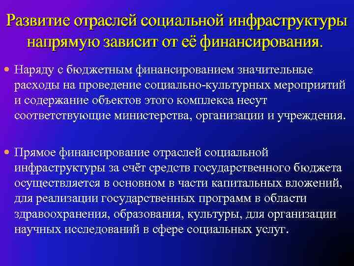 Развитие отраслей социальной инфраструктуры напрямую зависит от её финансирования. Наряду с бюджетным финансированием значительные