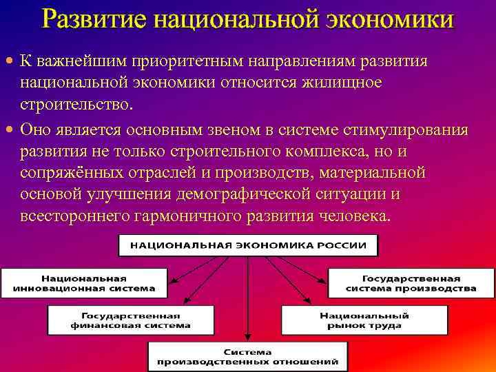 Развитие национальной экономики К важнейшим приоритетным направлениям развития национальной экономики относится жилищное строительство. Оно