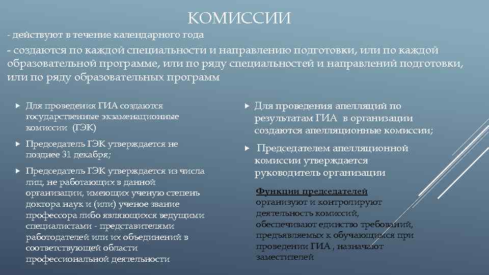 КОМИССИИ - действуют в течение календарного года - создаются по каждой специальности и направлению