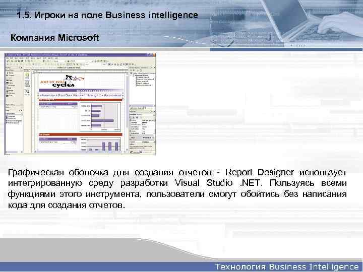 1. 5. Игроки на поле Business intelligence Компания Microsoft Графическая оболочка для создания отчетов