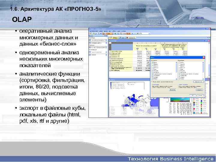1. 6. Архитектура АК «ПРОГНОЗ-5» OLAP • оперативный анализ многомерных данных и данных «бизнес-слоя»