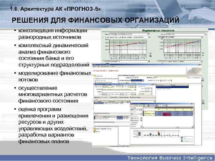 1. 6. Архитектура АК «ПРОГНОЗ-5» РЕШЕНИЯ ДЛЯ ФИНАНСОВЫХ ОРГАНИЗАЦИЙ • консолидация информации разнородных источников