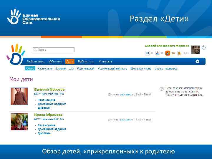 Раздел «Дети» Обзор детей, «прикрепленных» к родителю 