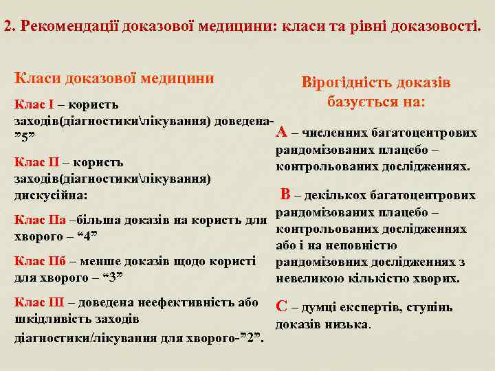 2. Рекомендації доказової медицини: класи та рівні доказовості. Класи доказової медицини Вірогідність доказів базується