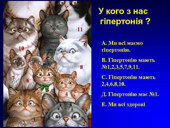 У кого з нас гіпертонія ? 11 А. Ми всі маємо гіпертонію. 9 10