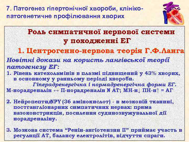 7. Патогенез гіпертонічної хвороби, клінікопатогенетичне профілювання хворих Роль симпатичної нервової системи у походженні ЕГ
