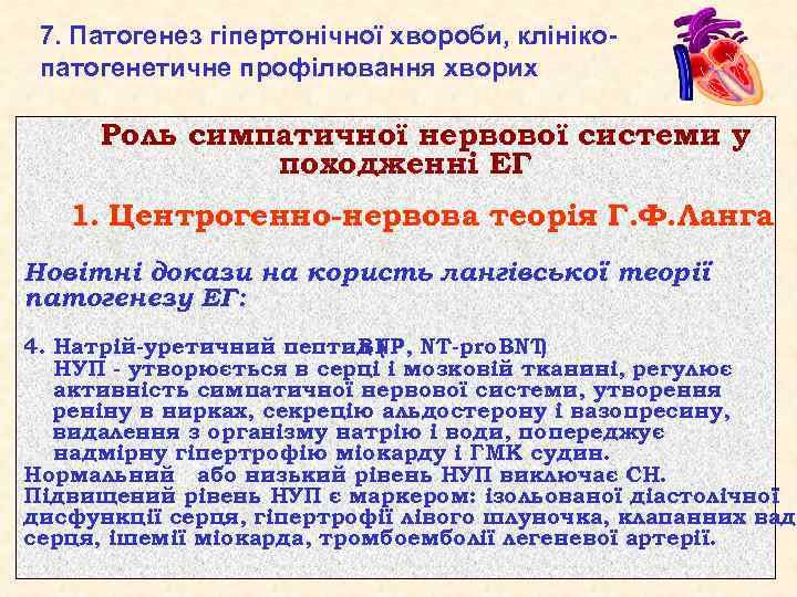 7. Патогенез гіпертонічної хвороби, клінікопатогенетичне профілювання хворих Роль симпатичної нервової системи у походженні ЕГ