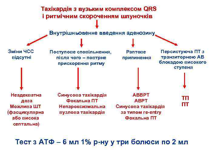Тахікардія з вузьким комплексом QRS і ритмічним скороченням шлуночків Внутрішньовенне введення аденозину Зміни ЧСС