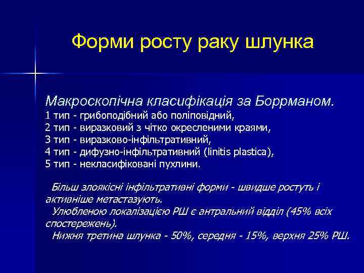 Форми росту раку шлунка Макроскопічна класифікація за Боррманом. 1 тип - грибоподібний або поліповідний,