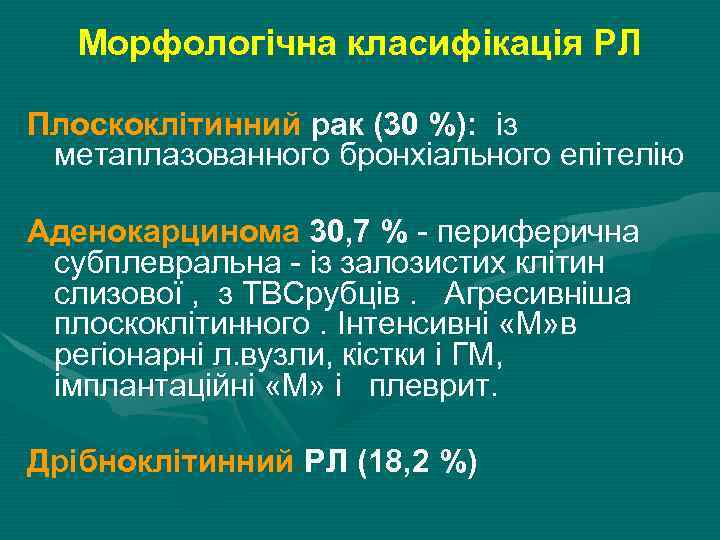 Морфологічна класифікація РЛ Плоскоклітинний рак (30 %): із метаплазованного бронхіального епітелію Аденокарцинома 30, 7