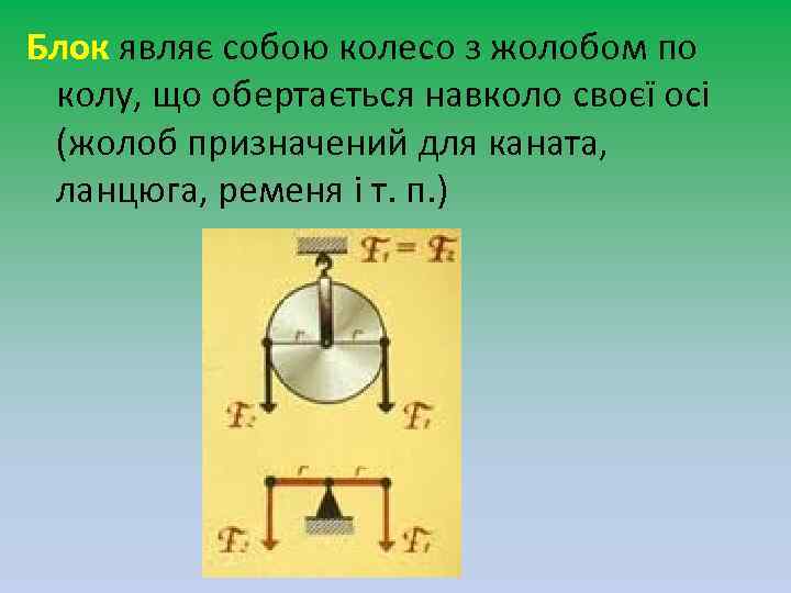 Блок являє собою колесо з жолобом по колу, що обертається навколо своєї осі (жолоб