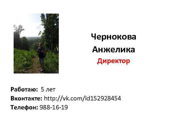 Чернокова Анжелика Директор Работаю: 5 лет Вконтакте: http: //vk. com/id 152928454 Телефон: 988 -16